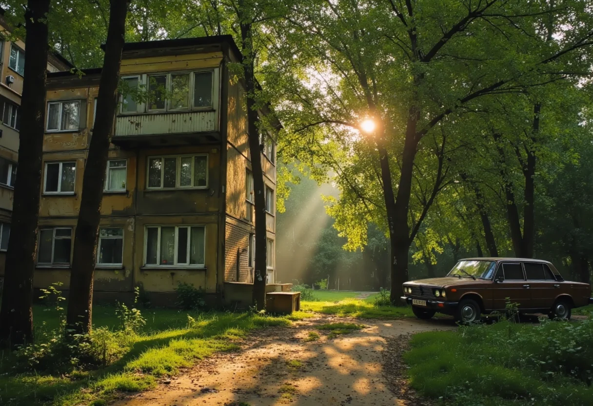 A classic Russian suburban scene featuring a muted Soviet-era giant futuristic "panelki" residential building partially hidden behind a grove of lush trees. The building, constructed from prefabricated concrete panels, exemplifies utilitarian mid-20th-century architecture with a weathered facade painted in desaturated tones.
Surrounding the building is a dense thicket of birches, maples, and pines typical of Russian residential courtyards. Rays of golden sunlight pierce through the tree canopy, casting gentle, soft beams across the scene. Shadows of branches ripple over the building’s walls and the uneven, unpaved path leading to its entrance. This pathway is bordered by scattered grass and wild greenery, creating a slightly overgrown and unkempt aesthetic.
In the foreground, subdued tones dominate the vibrant greens of shrubs and tall grass, further emphasizing the natural yet understated palette. To the right, a vintage VAZ-2106 car, slightly faded, is parked under the shade of trees, contributing to the nostalgic and authentic Russian setting. The entire composition captures the tranquil, timeless essence of Russian suburban life, with sunlight offering a touch of warmth to the subdued, quiet environment.
