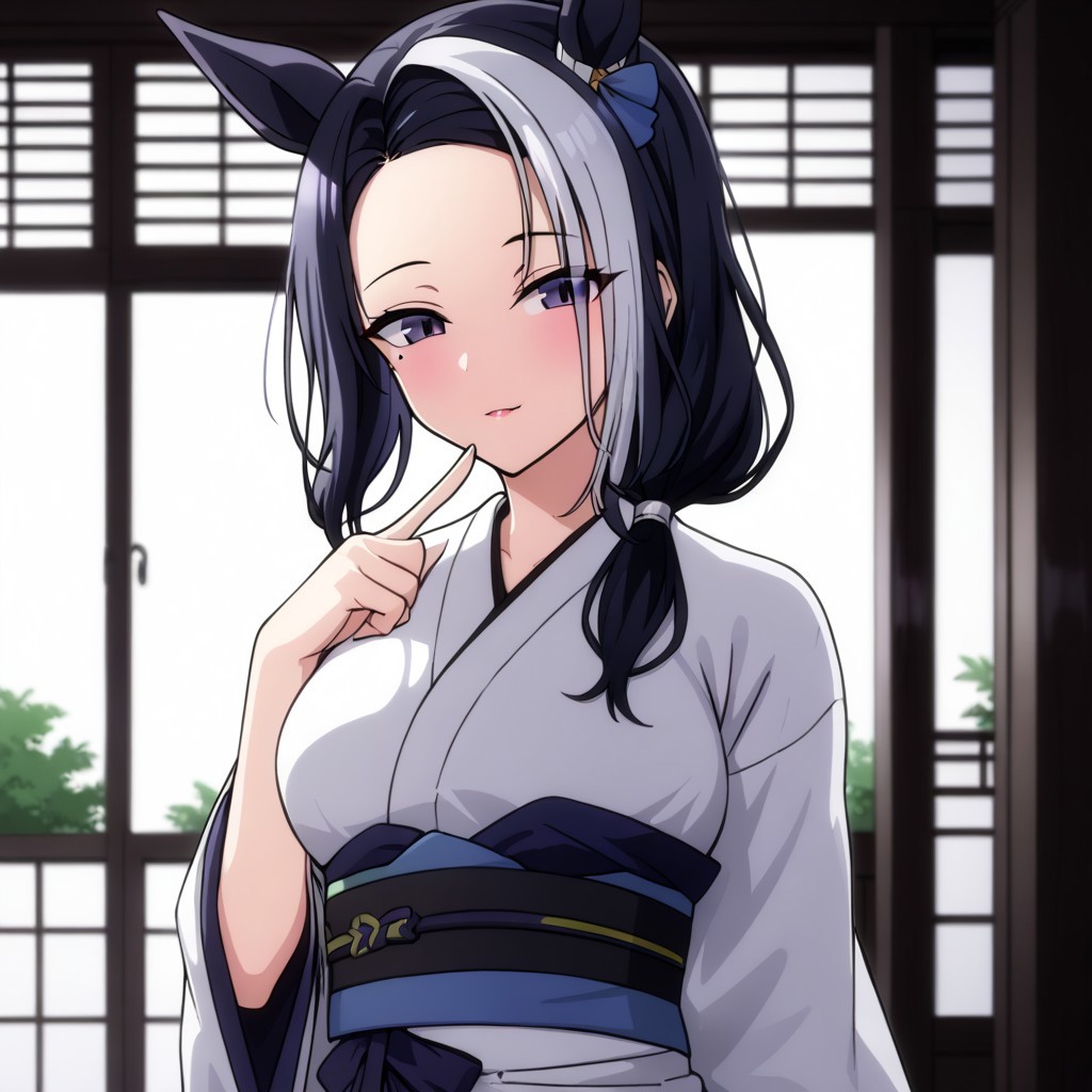 18 years old ,women,solo,1girl,nsfw,
rmnsd, horse girl, multicolored hair, streaked hair, ear ornament, mole under eye saimin.il,
saimin, tsubaki,  white clothes, white kimono, 
clothed girl, kimono,