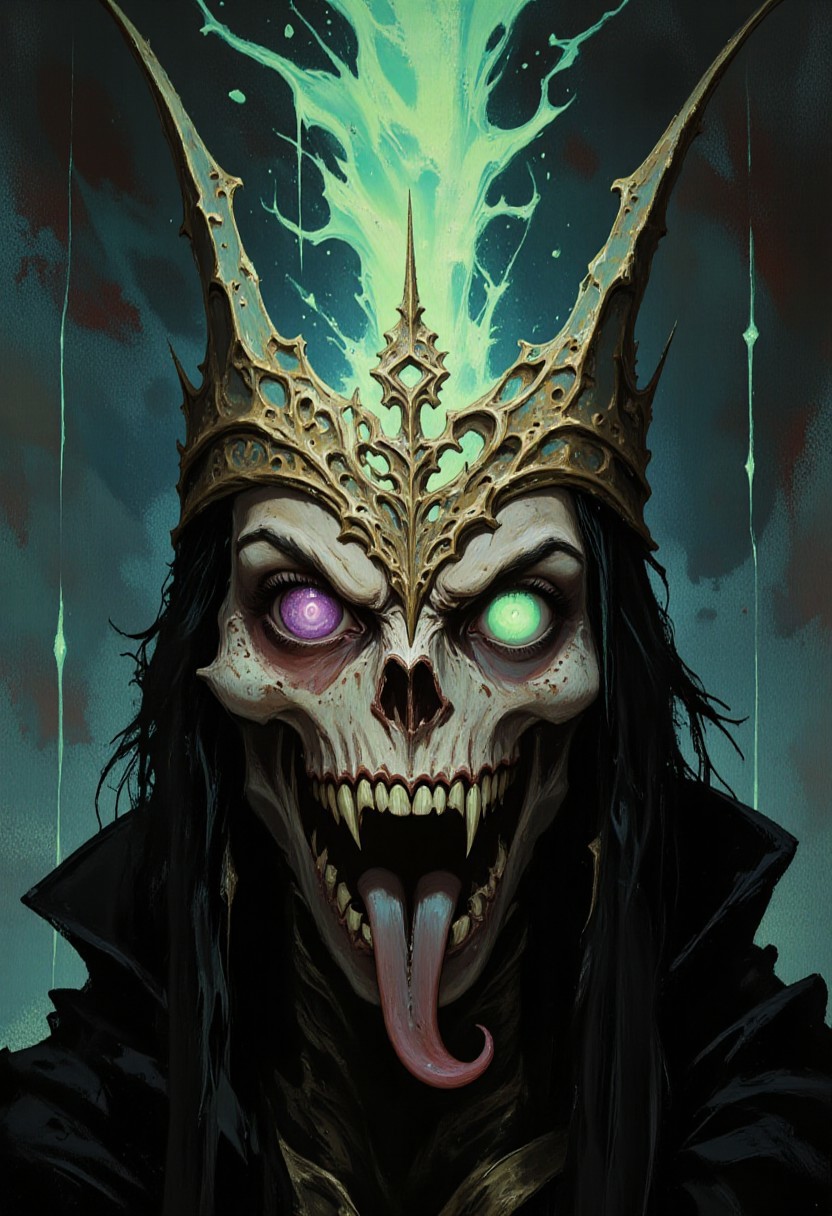 "A masterful oil painting in the darkest gothic fantasy style, depicting a close-up portrait of the dreaded Lich Zaldara. His skeletal face, half-covered in decaying flesh, glows with an eerie emerald light from within the hollow sockets. Jagged bone spires crown his forehead like a grotesque diadem, dripping with black ichor. The background swirls with tormented spirits in a chaotic dance of despair, rendered in thick, violent brushstrokes of midnight blue and gangrenous green. His lipless mouth hangs open in a silent scream, revealing needle-like teeth and a forked tongue that whispers forgotten curses. The painting's focal point is his left eye - a pulsating violet orb with a slit pupil, radiating waves of necrotic energy that distort reality around it. Shadows cling to his form like living tendrils, dissolving into the abyss below his jawline. The texture shows every crack in his ancient bones and every strand of his wild, bone-white hair floating as if underwater. A sickly golden halo frames his head in cruel irony, illuminating the flayed skin still clinging to his cheeks. Painted with hyper-realistic detail using chiaroscuro techniques, the composition balances macabre beauty with visceral horror. The viewer can almost hear the whispers of the damned emanating from the canvas."