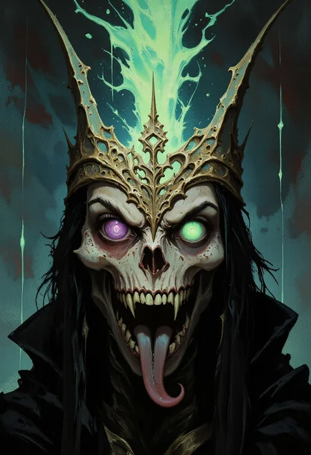 "A masterful oil painting in the darkest gothic fantasy style, depicting a close-up portrait of the dreaded Lich Zaldara. His skeletal face, half-covered in decaying flesh, glows with an eerie emerald light from within the hollow sockets. Jagged bone spires crown his forehead like a grotesque diadem, dripping with black ichor. The background swirls with tormented spirits in a chaotic dance of despair, rendered in thick, violent brushstrokes of midnight blue and gangrenous green. His lipless mouth hangs open in a silent scream, revealing needle-like teeth and a forked tongue that whispers forgotten curses. The painting's focal point is his left eye - a pulsating violet orb with a slit pupil, radiating waves of necrotic energy that distort reality around it. Shadows cling to his form like living tendrils, dissolving into the abyss below his jawline. The texture shows every crack in his ancient bones and every strand of his wild, bone-white hair floating as if underwater. A sickly golden halo frames his head in cruel irony, illuminating the flayed skin still clinging to his cheeks. Painted with hyper-realistic detail using chiaroscuro techniques, the composition balances macabre beauty with visceral horror. The viewer can almost hear the whispers of the damned emanating from the canvas."
