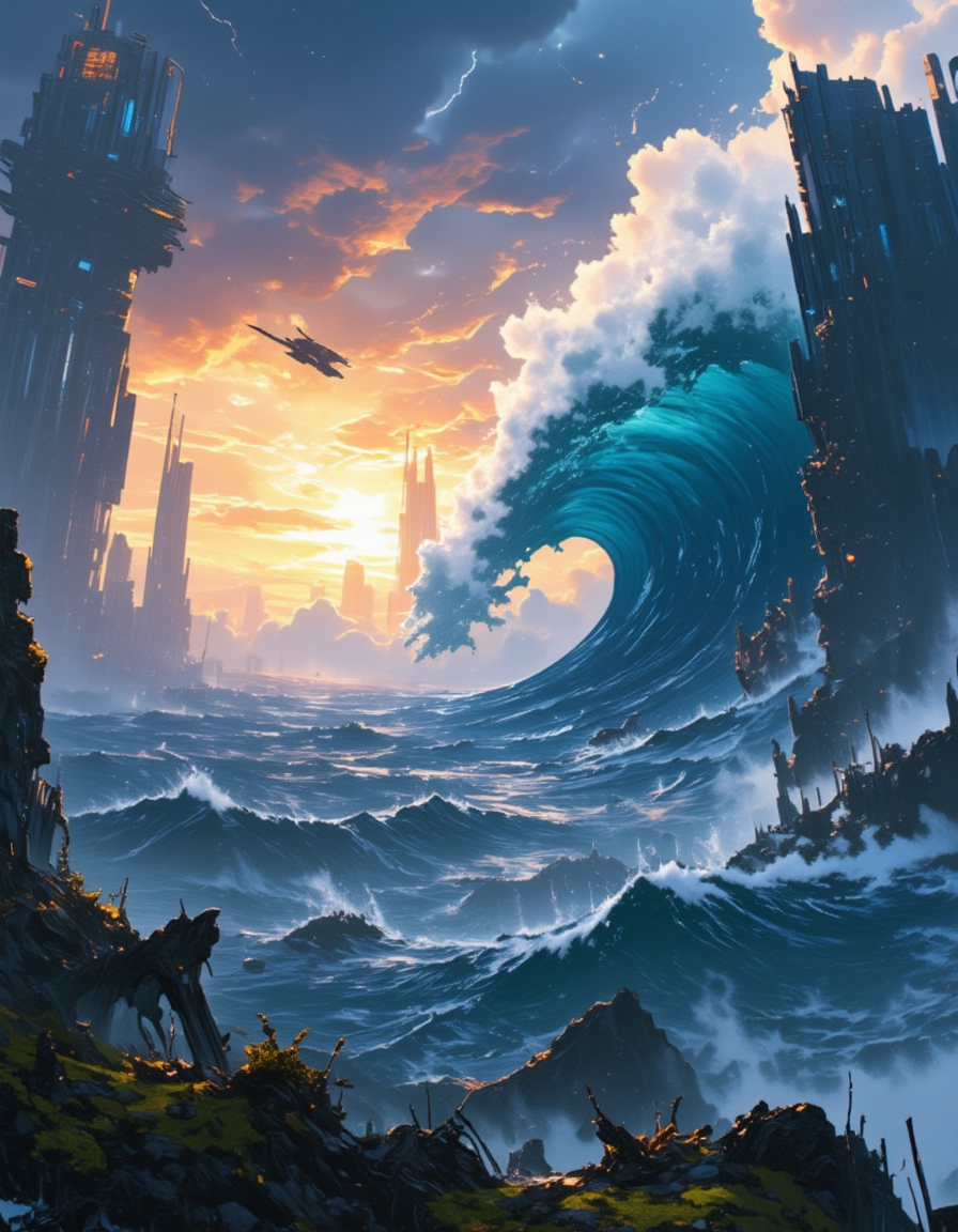<lora:SW01v2-1flux:1>  EFFD02, imagination, cyberpunk city, epic world, sunset, SE12, rich detailed sky, clouds, T10, landscape, huge very high waves, epic scale, rocks, tortured trees, vegetation, moss, rough sea, blue, T1, white, dark blue, fantasy, blue, gold, T3, T7, bokeh, T4, spacecraft, storm, lightnings, wind, impressive,