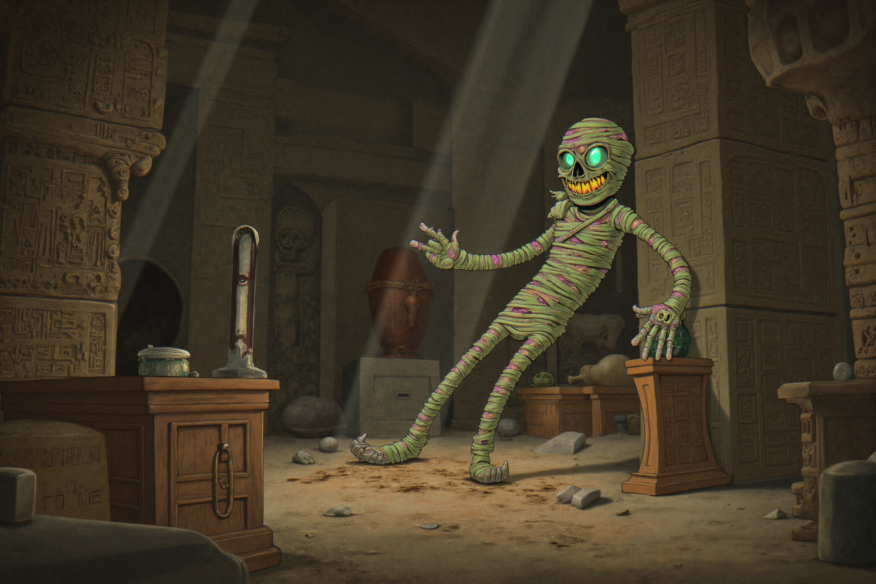 A spine-chilling scene of a mummy's curse being unleashed in an ancient tomb. The tomb is filled with intricate carvings, sarcophagi, and ancient relics. The mummy, wrapped in decaying bandages, , its eyes glowing with an eerie green light. The air is thick with dust, and the walls seem to close in as the curse takes hold. The style is atmospheric and unsettling, capturing the ancient horror and supernatural power of the mummy's curse