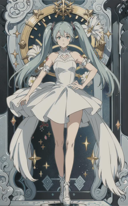 1girl, (masterpiece, best quality, perfect eyes, beautiful face and eyes:1.2), hatsune miku, white dress, standing, dynamic pose, floating, full body