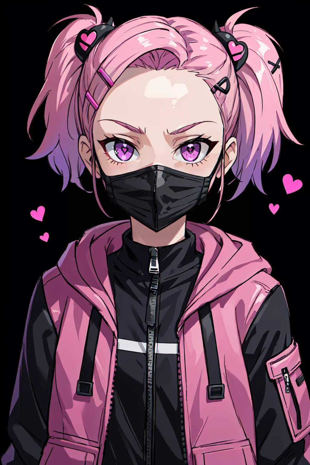 1girl, bangs, black background, black jacket, black mask, covered mouth, hair ornament, hairclip, heart, heart hair ornament, hood, jacket, long sleeves, looking at viewer, mask, mouth mask, multicolored hair, pink eyes, pink hair, purple eyes, purple hair, short hair, solo, twintails, upper body, zipper FemShortHair