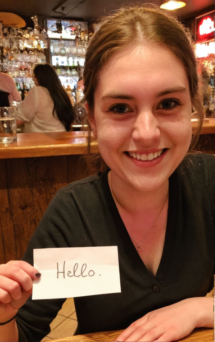 badquality, low quality, amateur photography <lora:badquality_v02:0.8>,  <lora:text_lora:0.2> In  a bar a woman holding piece of paper with handwritten text 'hello'