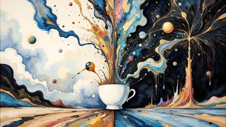 Surrealism themed artwork depicting white-toned erupting coffee cup, punk, intricate black and azure recursion, eldritch, billowing dark glitter, very detailed. The overall feel of the image is of clarity and balanced space, with distorted people and items interacting in unusual ways. Additionally the image incorporates elements of mixed media including flowing lines drawn with fine pens and appliqued goldleaf. The general effect is of elaborate surreal and absurdist elements interacting with each other to produce timeless fine art elegance. <lora:Paper_Marbling_Flux:0.5> <lora:Eldritch_Watercolor_for_Flux:0.5> <lora:midjourney_whisper_chromaplex_v1:0.4> <lora:Eldritch_Paint_Sketch_for_Flux_1.0.5:0.4> <lora:FLUX.1-DEV_-_Decadence_Art_style_LoRA:0.5>