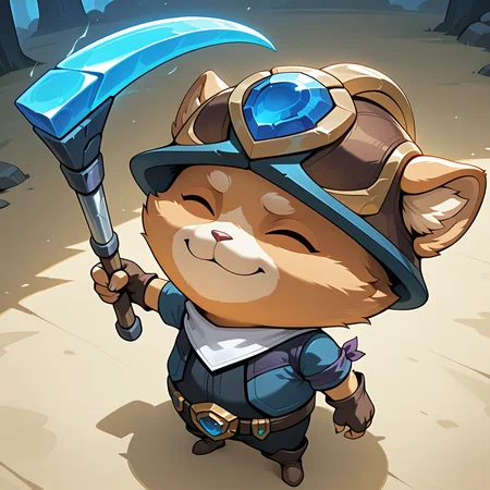 detailed, vibrant, beutiful quality, (no_lineart:0.9), very aesthetic, dynamic angle, looking up, holding pickaxe, minertime,
, <lora:teemo-v3-000014:1> wrthex, yordle, (plump:0.5), closed eyes,
, official_alternate_costume, brown helmet, gem hat ornament, white bandana, brown_fingerless_gloves, (purple_armband), blue jacket, black tabard, gem belt, black sweatpants, brown knee boots, short sleeves,