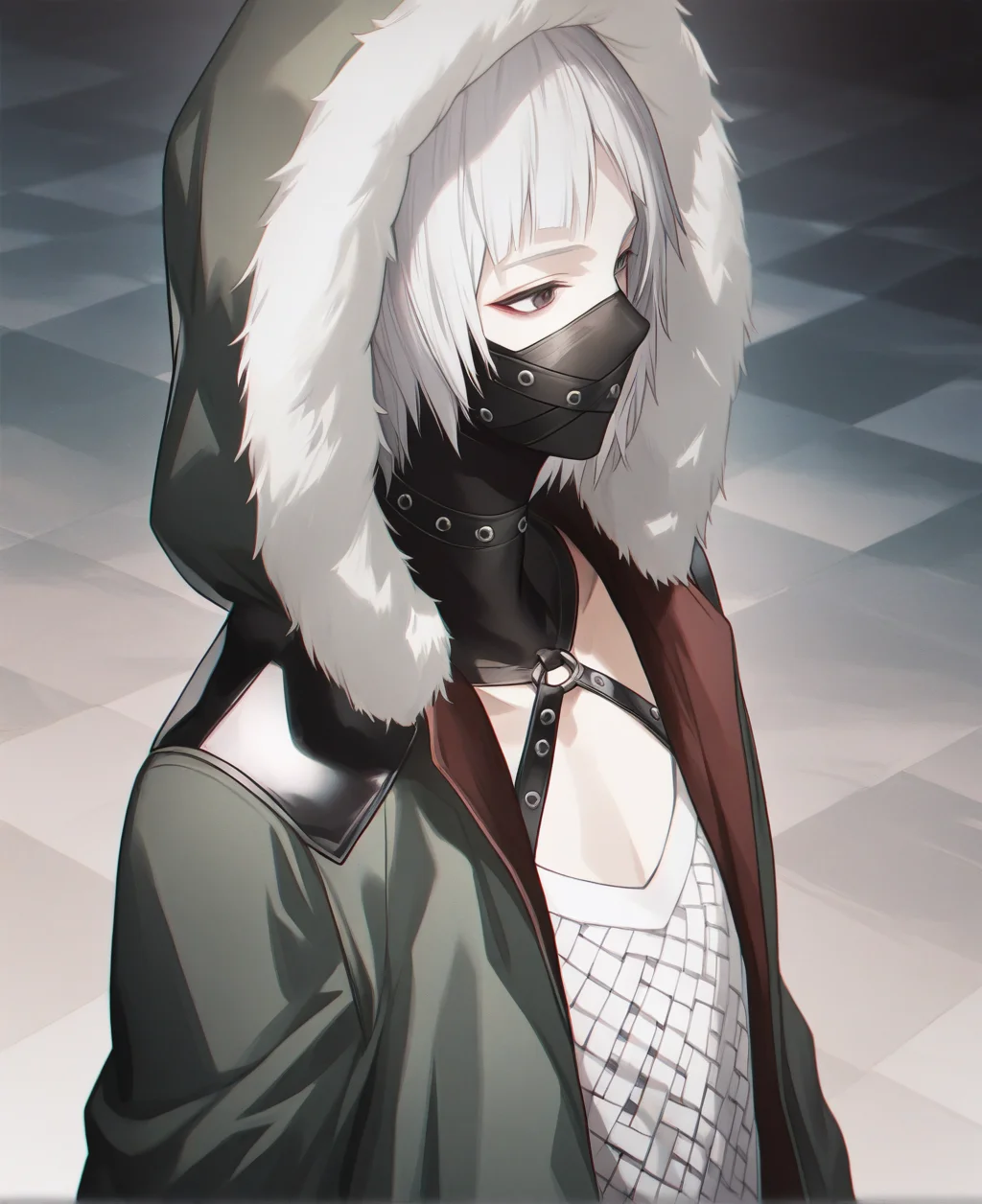 artist:gomzi,artist:wanke,artist:diyokama, rei_(sanbonzakura),[[artist:fuzichoco]],year 2023, 
solo, 1boy,
shadow knife, black eyes, white hair, short hair, mouth mask, black mask, spiked mask, white shirt, green coat, hooded coat, fur-trimmed hood, argyle shirt,
upper body, park