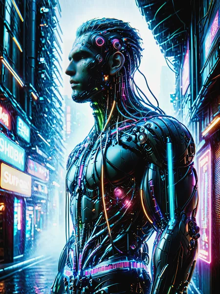 mad-cbrbdy man, surreal digital cityscape, haze, steam, rain, neon light, cyberpunk, <lora:Neon_Cyberpunk_Cyberbody_v2_SDXL:1.2>, raw photo, film grain, Fujifilm XT3, (photorealistic, realistic:1.2), deep shadow, 8k, uhd, dslr, ultra high res