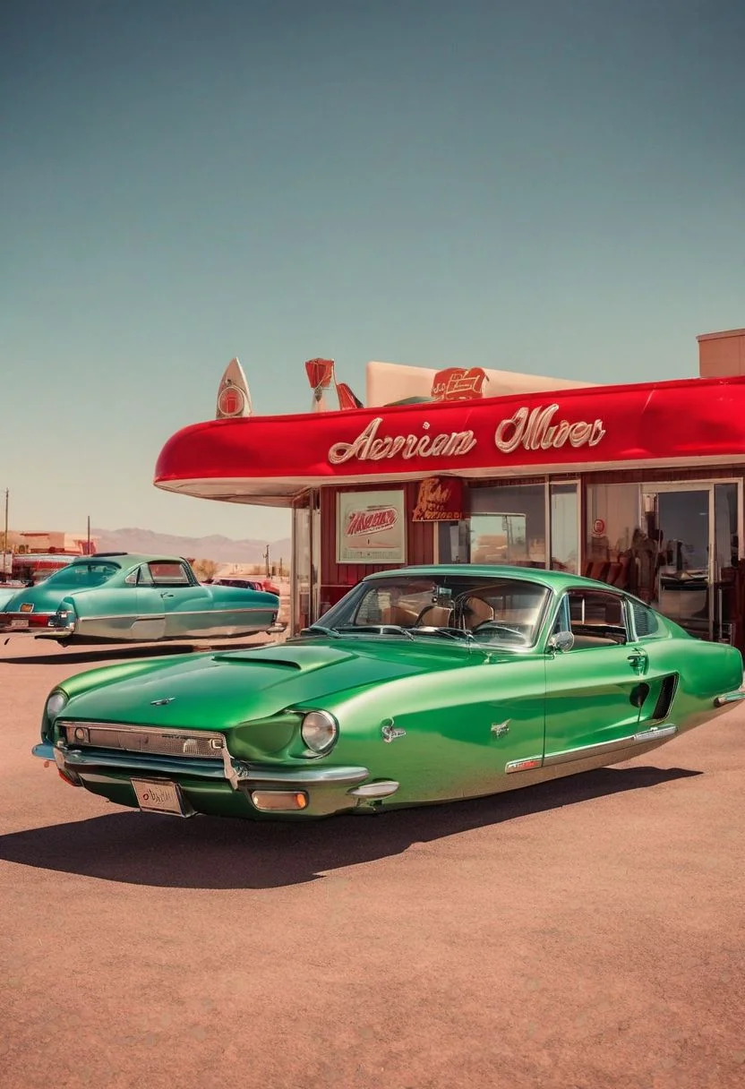 (low angle shot:1.4), an editorial photo of a green 1960s (Ford Mustang:0.6) and (Porsche:0.8) style Hovering_Car parked outside an American diner on Mars, (scene set on the planet Mars:1.2), red sky, red sands of Mars, highly detailed, retro futurism, science fiction, clean lines, fine art photography, award winning photography, film grain,