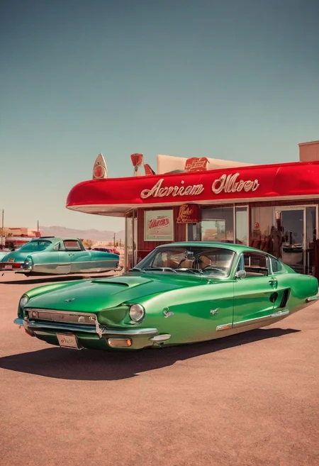 (low angle shot:1.4), an editorial photo of a green 1960s (Ford Mustang:0.6) and (Porsche:0.8) style Hovering_Car parked outside an American diner on Mars, (scene set on the planet Mars:1.2), red sky, red sands of Mars, highly detailed, retro futurism, science fiction, clean lines, fine art photography, award winning photography, film grain,