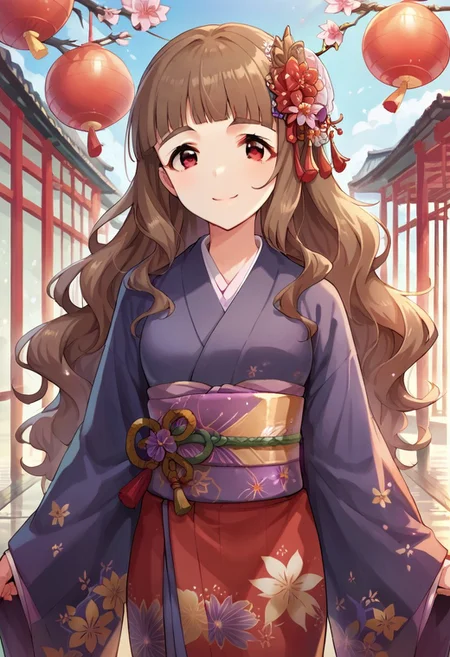 score_9, score_8_up, score_7_up, source_anime,kamiya nao, brown hair, long hair, red eyes, 1girl, solo, japanese clothes, kimono, hair ornament, smile,looking at viewer, hair flower, flower