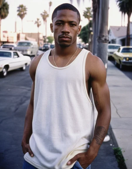 1990s, closeup portrait photo of 25 y.o afro american man, Carl Johnson, white tank top, short hair, natural skin, looks away, los angeles street, Grove Street Families gang, (cinematic shot, film grain:1.1)