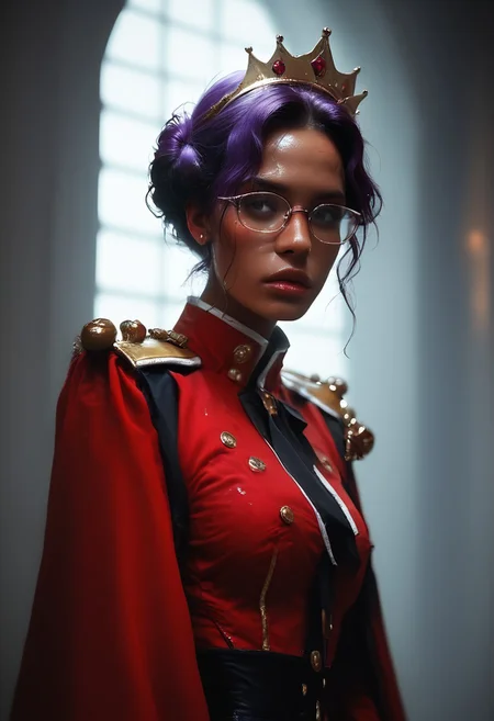 score_9, score_8_up, score_7_up, score_6_up, close shot, photo, realistic face, pretty face, 1girl, Anthy, Crown, (dark skin:1.2), purple hair, Glasses, Red dress, long dress, epaulettes, aiguillette, skin texture, moist skin, pores, dynamic lighting, detailed shadows, marble gothic palace, dim light), ExpresHGothicNeonIncase