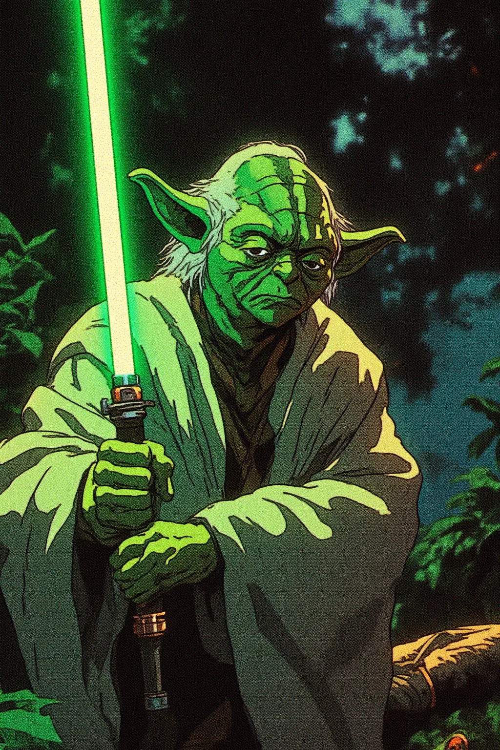 Yoda standing in a dark jungle with a green lightsaber in his hand, retro anime-inspired artstyle, futuristic, digital drawing, vivid, high contrast.
The color palette is dominated by greens, dark blues and teals, giving the image a cool, somewhat melancholic atmosphere. This illustration, likely inspired by cyberpunk or sci-fi aesthetics, captures a poignant moment of introspection and sorrow.