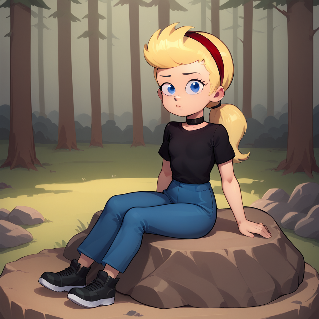 score_7_up, BREAK, SissyBlakely, 1girl, solo, blue eyes, blonde hair,  low ponytail, red hairband, black choker, black shirt, blue pants,   <lora:SissyBlakely_PXL_Leaf2:1>,  sitting on rock, forest,
