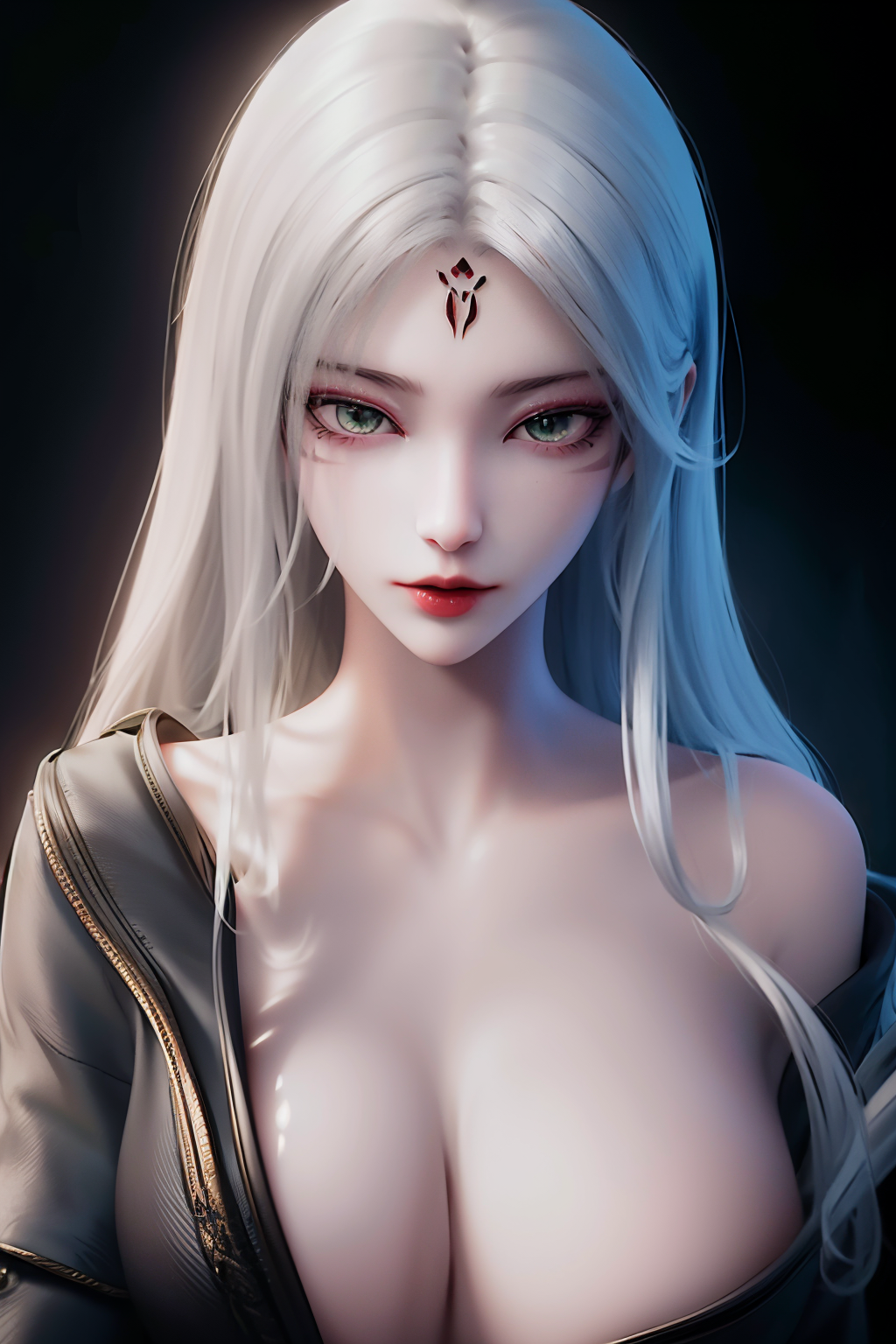 <lora:XiaoBai-SD1:1>,
xiaobai,1girl,solo,long hair,white hair,green eyes,(facial mark:1.1),simple background,red lips,upper body,Character details,lips,closed mouth,makeup,looking at viewer,realistic,forehead mark,shoulder,Detailed carving of forehead pattern,black background,undressing,clothes_down,clothes_removed,(topless:1.3),cleavage,medium breasts,, best quality , masterpiece, illustration, an extremely delicate and beautiful, extremely detailed ,CG,unity,8k wallpaper, Amazing, finely detail, masterpiece, best quality,official art,extremely detailed CG unity 8k wallpaper,absurdres, incredibly absurdres, huge filesize , ultra-detailed, highres, extremely detailed,beautiful detailed girl, extremely detailed eyes and face, beautiful detailed eyes,light on face,