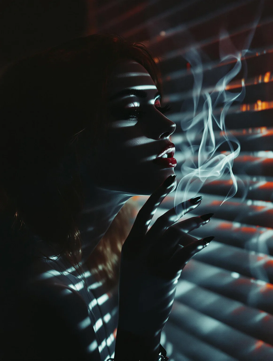 neo-noir ethereal portrait, chrome-kissed halides, venetian blind shadows, cigarette smoke tendrils, neon-rimmed silhouette, film grain texture dissolving into liquid silver, haunted glamour meeting urban decay –style raw 80