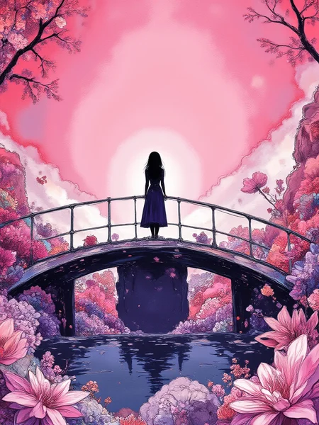 An illustrated image of a woman standing on a bridge made of light, overlooking a city of crystals. <lora:InkEdgeMono-Complex_Epoch-08:1.0> 1NK3D63-M0N-C0M,
<lora:inkedgemono-simple_epoch-08:0.5> 1NK3D63SIM,
background is cherry blossom pink <lora:Midjourney_Whisper_AgateX_v1:0.5>, border is lotus flower
<lora:Midjourney_Whisper_Minimal:1.0>
| no deformed hands, no too many limbs, no too many fingers,
