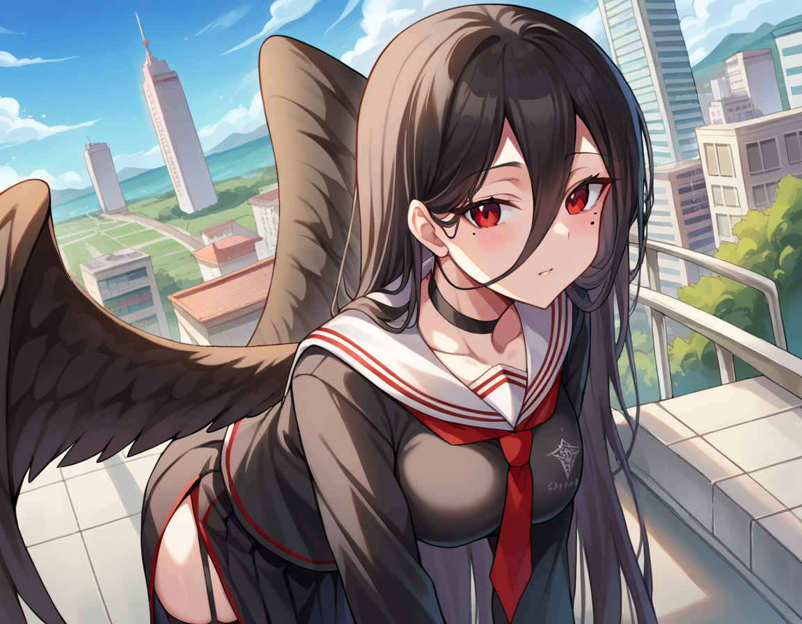 score_9, score_8_up, score_7_up, source_anime,
bluearchivehasumi, <lora:hasumi-hanekawa-ponyxl-lora-nochekaiser:1>,
hasumi, black hair, hair between eyes, long hair, mole, mole on breast, mole under eye, red eyes, wings, black wings, low wings, feathered wings,
black choker, black serafuku, black skirt, black thighhighs, garter straps, long sleeves, pleated skirt, school uniform, serafuku, side slit, skirt, thighhighs, white collar, whie sailor collar,
outdoors, cityscape, bent over,
looking at viewer, dutch angle, cowboy shot,