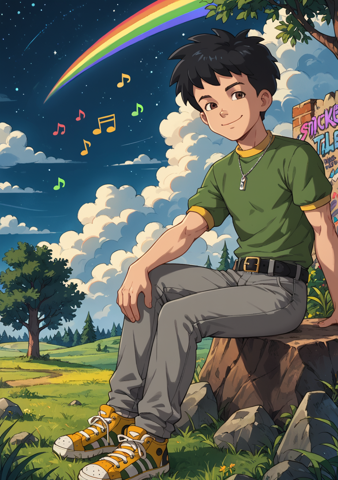 score_9, score_8_up, score_7_up, source_cartoon, Max_(Dragon Tales), solo, ((aged up, sexy, toned, semi-abs)) ((very tall)) sharp jawline, defined cheekbones, mature eyes, ((black hair, spikey hair)), brown eyes, smiling, cloud, outdoors, sitting on rock,  grass, rainbow, tree, black footwear, long legs, ((grey pants)), silver necklace, ((green shirt))(with graffiti patterns), short sleeved, zipper, dark golden sneakers, black belt, sitting,  music notes, night, starry sky, cloud, broad shoulders, <lora:Max_Dragon_Tales-000010 (1):0.7>