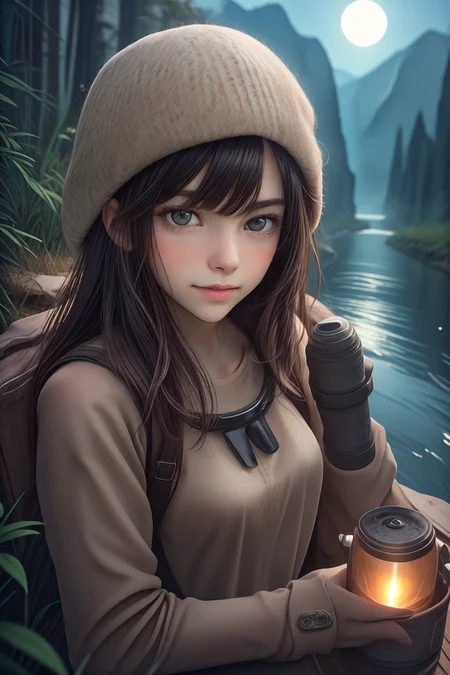 1 woman ((upper body selfie, happy)), masterpiece, best quality, ultra-detailed, solo, outdoors, (night), mountains, nature, (stars, moon) cheerful, happy, backpack, camping stove, water bottle, mountain boots, gloves, sweater, hat, flashlight, forest, rocks, river, wood, smoke, shadows, contrast, clear sky, analog style (look at viewer:1.2) (skin texture) (film grain:1.3), (warm hue, warm tone:1.2), close up, cinematic light, sidelighting, ultra high res, best shadow, RAW, upper body, wearing pulloverbackground, natural skin:0.5 <lora:LCM_LoRA_Weights_SD15:1>