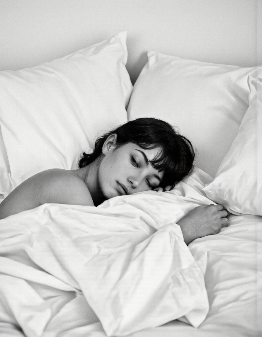 By Ibai Acevedo. Black and white close-up of a young woman sleeping peacefully on a soft white bed, her head resting on a white pillow and her eyes closed. The woman has only her head visible from the blanket, has short dark hair, appears to be between 19 and 20 years old, has light skin, a closed mouth and closed eyes. Her hair is styled short and messy. The background is a simple white bed with soft pillows and a white blanket. The overall mood is peaceful and intimate, with the emphasis on the woman's peaceful expression.