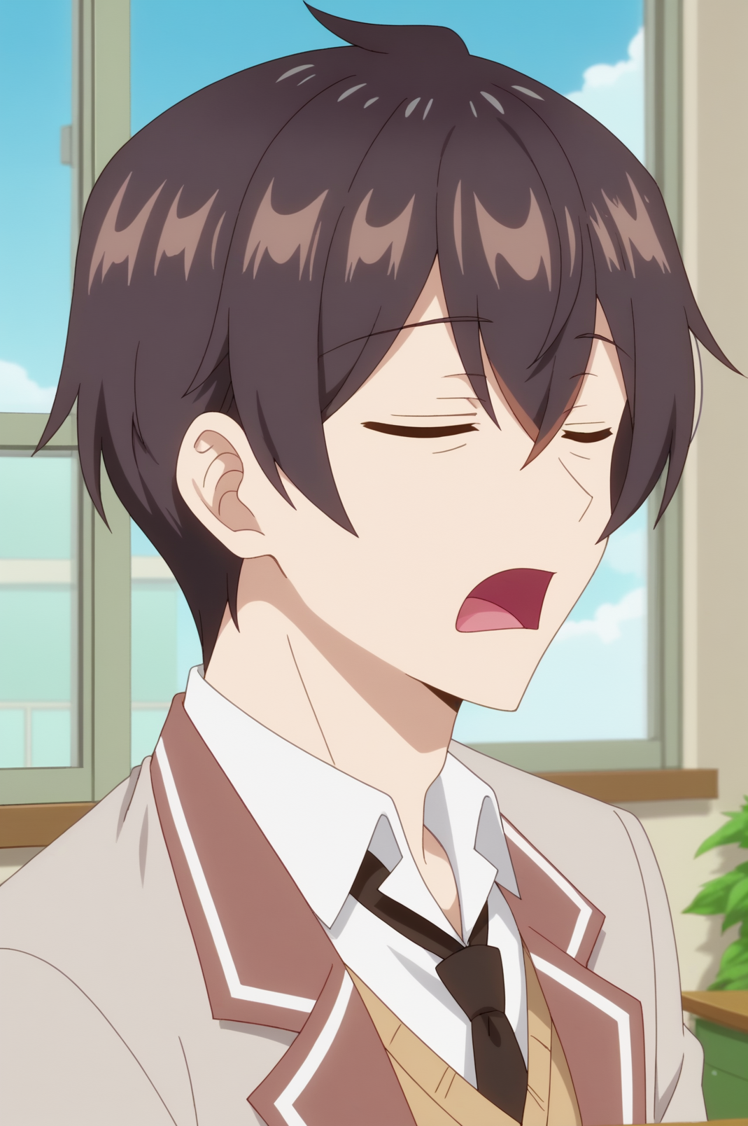 masachika kuze,anime screencap,male focus,solo,mature,short hair,school uniform,black hair,hair between eyes,light smile,indoors,school uniform,necktie,white shirt,classroom,windows,sky,plant,yawning <lora:Masachika_Kuze - PDXL2.safetensors:0.8> <lora:detailed_backgrounds_v2:0.8>