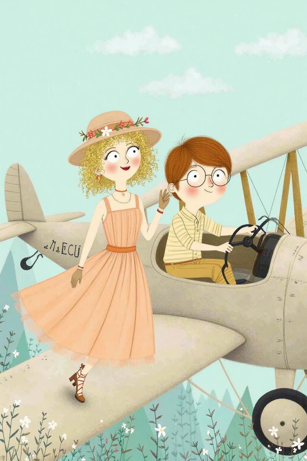 macha1 illustration. 
 A romantic scene of a couple on a vintage biplane. The woman, in the foreground, is a stylish woman with curly blonde hair adorned with a flower garland and wearing a light, flowing, peach-colored dress with a wide belt, a matching hat, and gloves. The man is piloting the biplane with his hands firmly on the steering wheel.  <lora:macha1_cap_d6a3e12:1.0><lora:827689817979594274:0>