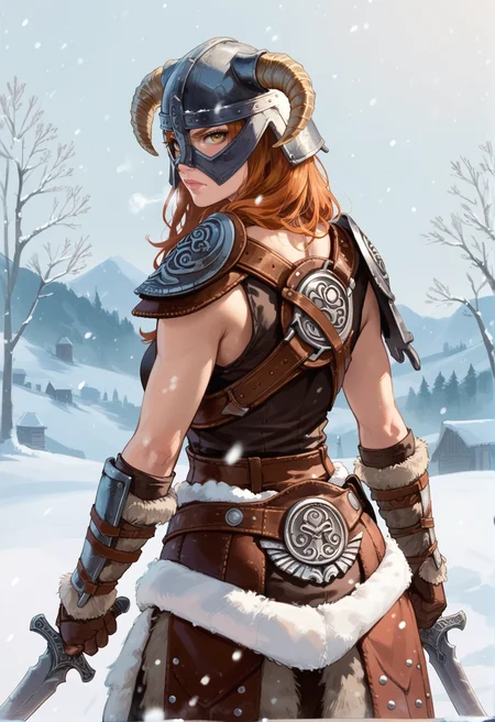 (score_9:0.9),score_8_up,score_7_up,rating_safe,anime style,(zPDXL),<lora:Dovahkiin Armor ponyXL v1.5:0.74>,dovahkiin armor,dual wielding,solo,1girl,serious,from behind,looking back,snowing,snow,sword,shoulder armor,looking at viewer,horned helmet,brown gauntlets,
