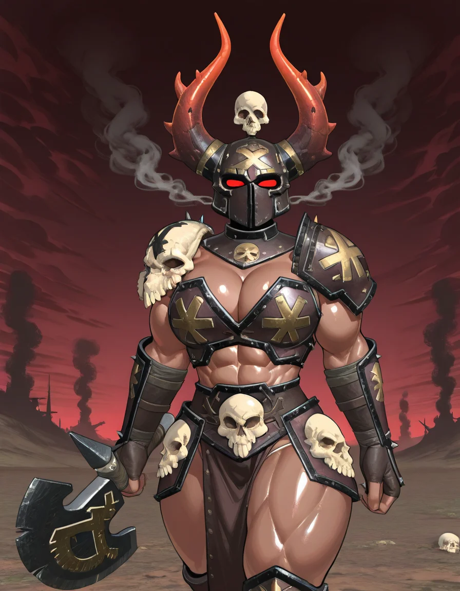 (2D,masterpiece,best quality,amazing quality,very aesthetic, absurdres, newest,looking at viewer,ultra-detailed,1 girl,solo,source_anime,cute,lovely, cleavage,curvy,breasts,wasteland,smoke,dark clouds,Simple dark red background),Arbaal the Undefeated,horned_helmet,bikini armor,axe,skull,MuscleUP,Muscular_Female,krekkov style,shiny skin,abs,red eyes,helmet that fully covers the face except for the eyes, only the eyes are visible through a narrow slit,no hair,<lora:Arbaal_the_Undefeated:1>,<lora:Breasts size slider PonyV2.2_alpha16.0_rank32_full_last:0.5>, <lora:Breasts gravity slider IXLQ5_alpha16.0_rank32_full_last:-0.8>, <lora:MuscleUp-Ilustrious Edition:0.5>, <lora:krekkov_style_ilxl_goofy:0.2>