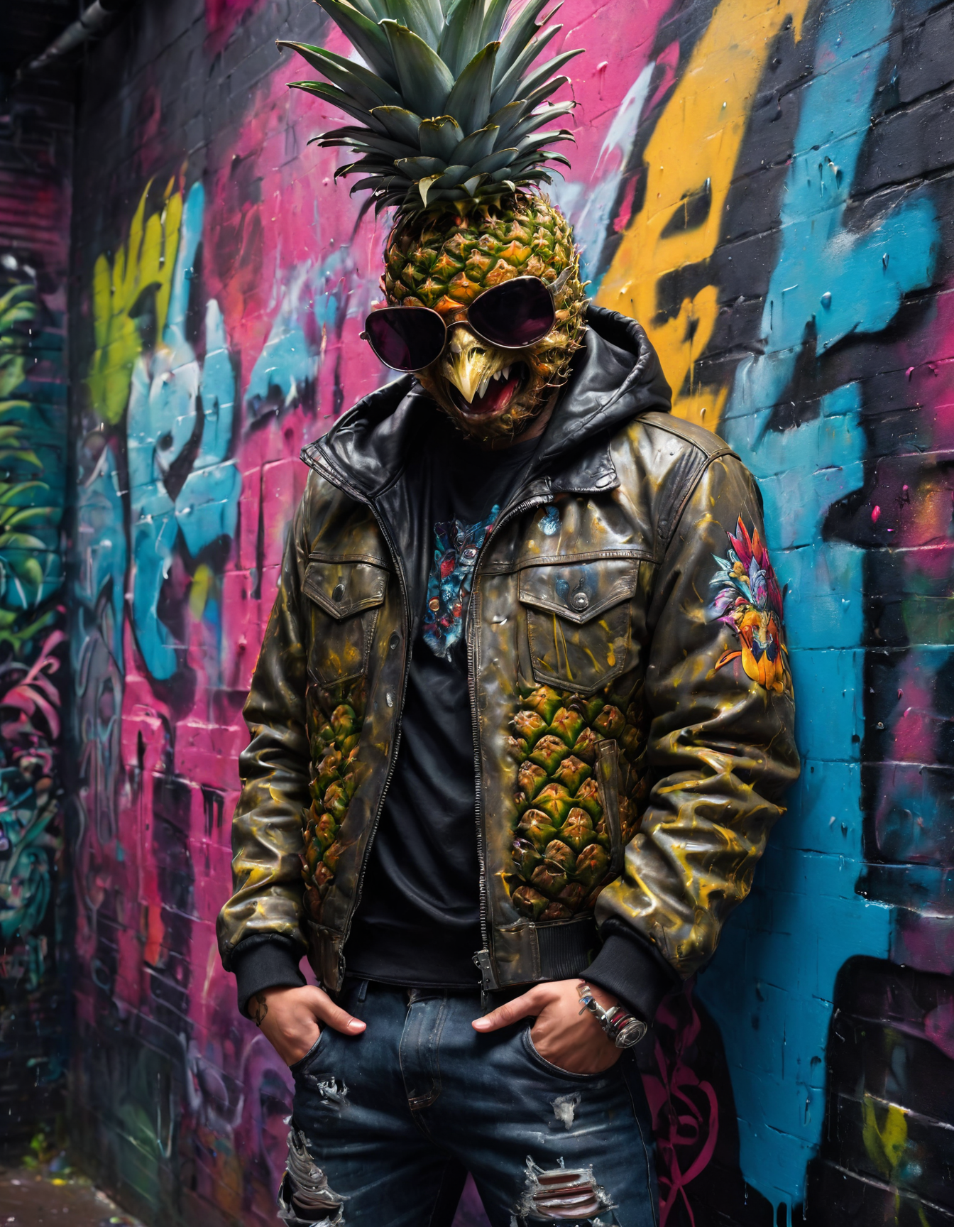Hyperrealistic, delinquent with a pineapple head, engaging in street art, high detail, vibrant colors, dynamic composition, ethereal, dramatic lighting, intricate textures, urban graffiti wall with dark, moody tones, spray paint can in hand, rebellious and confident, surreal, ultra-quality, sharp features, expressive eyes, leather jacket and jeans, rain-soaked streets, dramatic shadows, stormy atmosphere