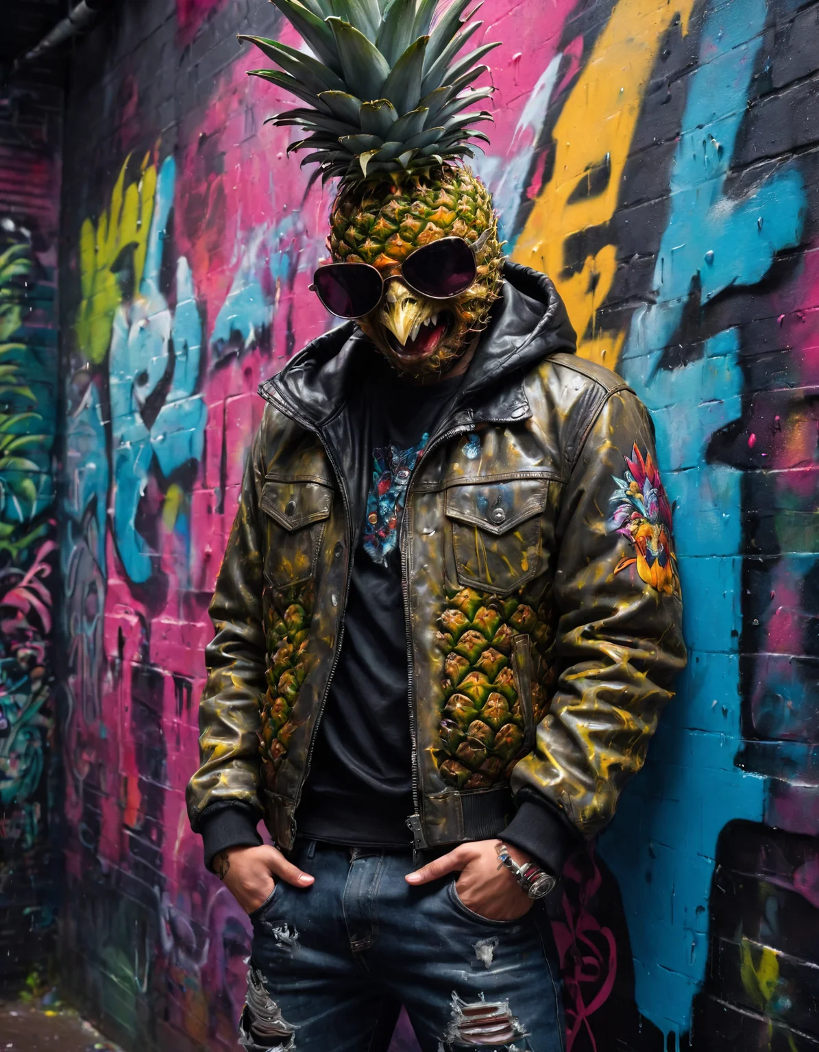 Hyperrealistic, delinquent with a pineapple head, engaging in street art, high detail, vibrant colors, dynamic composition, ethereal, dramatic lighting, intricate textures, urban graffiti wall with dark, moody tones, spray paint can in hand, rebellious and confident, surreal, ultra-quality, sharp features, expressive eyes, leather jacket and jeans, rain-soaked streets, dramatic shadows, stormy atmosphere
