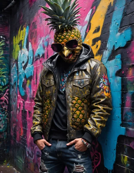Hyperrealistic, delinquent with a pineapple head, engaging in street art, high detail, vibrant colors, dynamic composition, ethereal, dramatic lighting, intricate textures, urban graffiti wall with dark, moody tones, spray paint can in hand, rebellious and confident, surreal, ultra-quality, sharp features, expressive eyes, leather jacket and jeans, rain-soaked streets, dramatic shadows, stormy atmosphere