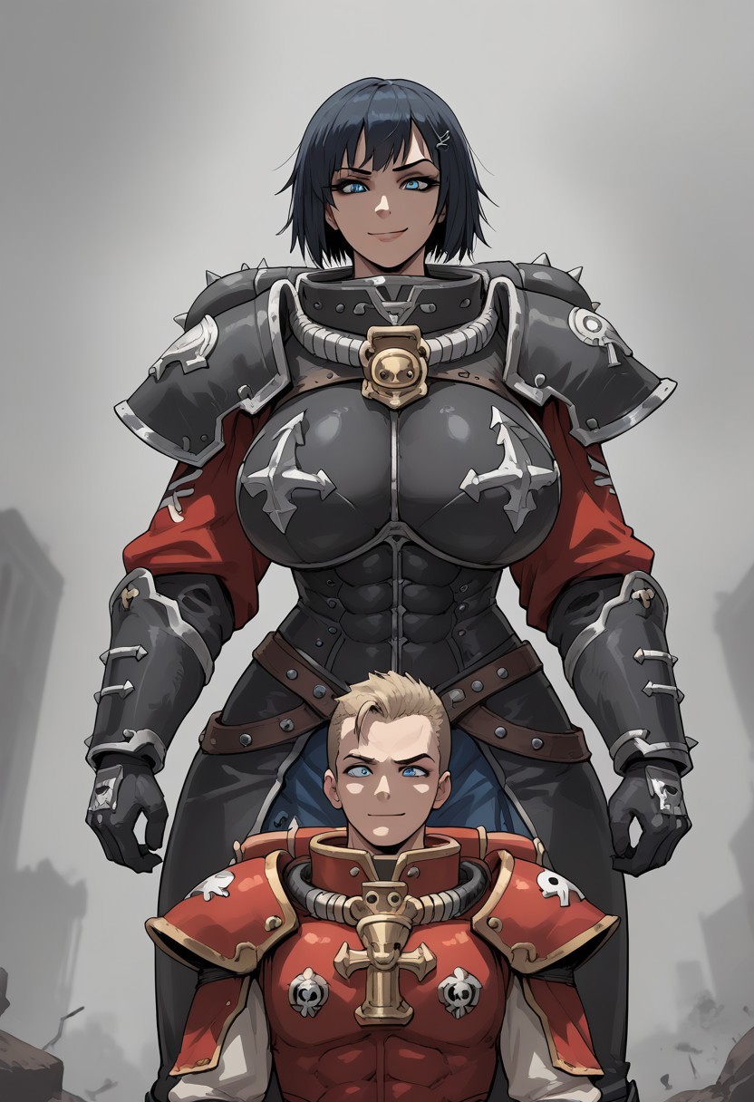 <lora:Nia-PonyXL-1024px:0.9>
score_5_up, score_6_up,
1girl, giantess tall female, muscular female, huge breasts, black short hair, punk haircut, blue eyes, battle sister armor, hand on another's head, smirking, 1boy, size difference