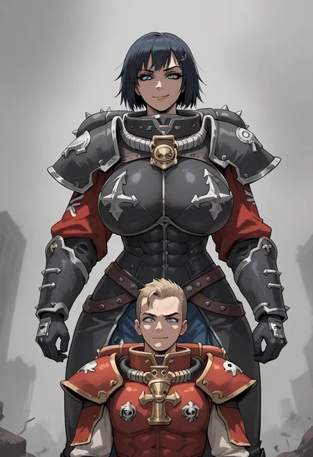 <lora:Nia-PonyXL-1024px:0.9>
score_5_up, score_6_up,
1girl, giantess tall female, muscular female, huge breasts, black short hair, punk haircut, blue eyes, battle sister armor, hand on another's head, smirking, 1boy, size difference