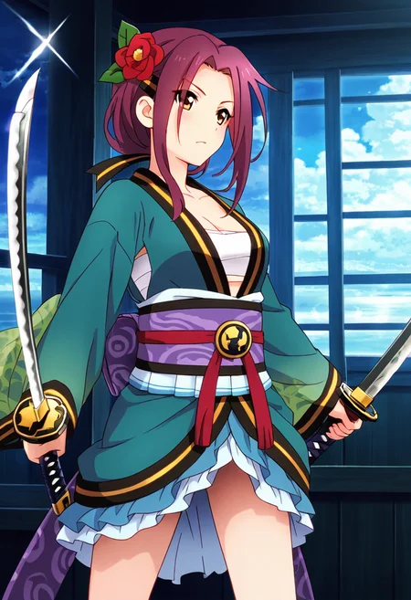 <lora:ruka_IXL-10:0.7> 1girl,tachiarairuka,red hair,hairclip,red hair flower,rukadefaultoutfit,sarashi, cowboy shot,dual wielding katana
best quality,masterpiece