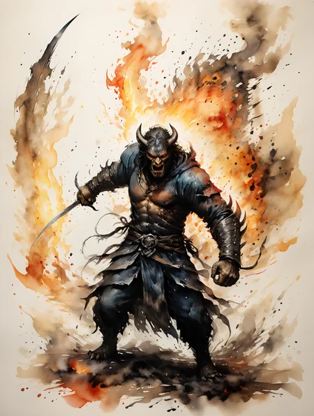 a figure described as a powerful demonic monster, tall and menacing being who can shroud themselve in fire, darkness, and shadow. They are armed with fiery whips "of many thongs", and occasionally use long swords,

<lora:add-detail-xl:0.80>, <lora:xl_more_art-full_v1:0.60>, <lora:InkWashpainting:0.8>,  <lora:SDXLInkStains:0.3>  Inkstains, strong colors, trending on artstation, trending on cgsociety,
Hand drawing with watercolors on old parchment of Balrog, Lord of the Rings by Peter Jackson,
a figure described as a powerful demonic monster, tall and menacing being who can shroud themselve in fire, darkness, and shadow. They are armed with fiery whips "of many thongs", and occasionally use long swords