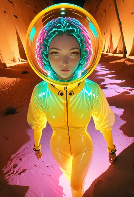 (8k, RAW photo, highly detailed, masterpiece, highest quality, hyper realistic, intricately detailed, vivid and vibrant colors, centred and symmetrical), studio photograph in the style of Miles Aldridge of Jesus wearing a XUER Liquid chromium brain, wearing a translucent plug suit, walking through the desert, at night, stars, biblical bioluminescence, (high angle, wide shot, wide-angle lens), sharp focus, sharp image, centred and symmetrical, subsurface scattering, translucent, Bioluminescence, Fluorescence, neon, black light, volumetric lighting, global illumination, cyberpunk, science fiction, sss,