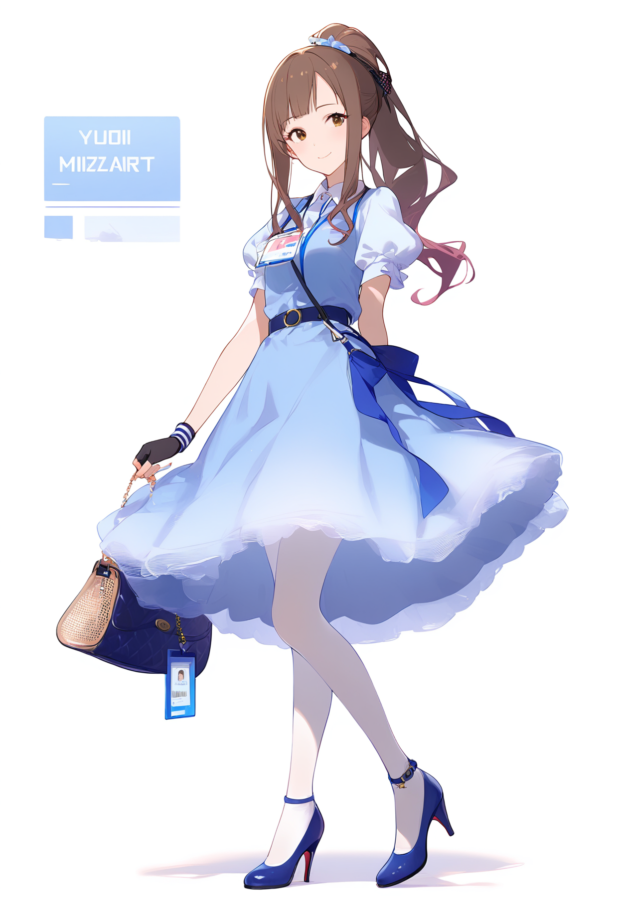 1girl,
mizumoto yukari,


lanyard, sidelocks, dress, gloves, fingerless gloves, full body, smile, alternate hairstyle, belt, short sleeves, id card, high heels, pantyhose, handbag, brown eyes, collared dress, wristband, light blush, standing, solo, white pantyhose, puffy short sleeves, puffy sleeves, white background, looking at viewer, bag, blue dress, brown hair, blue belt, blue footwear, head tilt, half gloves, blue wristband, ponytail, black gloves, character name,

sfw
<lora:a31_char_new_mizumoto_yukari-000022:1> <lora:a31_style_koni-000010:0.8>