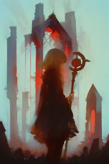 masterpiece, best quality, very aesthetic, dynamic composition, sketch, traditional media, abstract, abstract background, painting \(medium\), no lineart, camilla_(fire_emblem),innocent look,Standing, 1girl, megumin, brown_hair, holding_staff, ruins, solo, chromatic aberration, building, outdoors, standing, post-apocalypse, facing away, pantyhose, city,