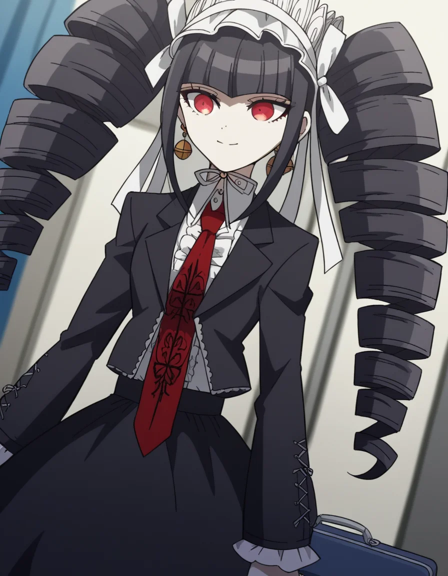 score_9, score_8_up, score_7_up, source_anime, <lora:celestia-ludenberg-s1-ponyxl-lora-nochekaiser:1>, celestia ludenberg, long hair, bangs, black hair, red eyes, long sleeves, twintails, drill hair, twin drills,, skirt, shirt, black hair, long sleeves, jewelry, jacket, earrings, frills, necktie, black skirt, black jacket, red necktie, bonnet, print necktie,, airport, waiting area, suitcase, flight delayed, passengers, reading book, smile, , hand showing a thumbs up, solo,, cowboy shot, dutch angle