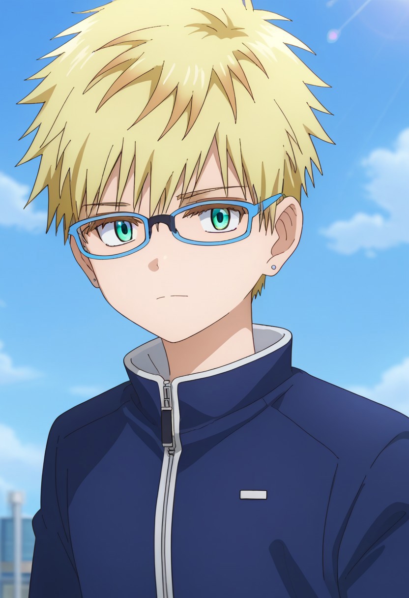 score_9, score_7_up, source_anime
RiohSonidori, 1boy, male focus, solo, green eyes, glasses, blonde hair, jewelry, earrings, jacket, blue jacket, zipper, upper body, looking at viewer,
outdoor, sky