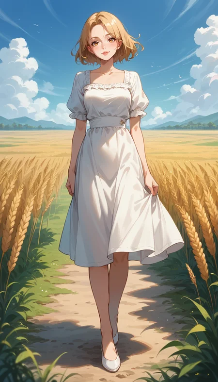 score_9, score_8_up, score_7_up, Anime Style, Full Body Shot, girl, cute, seductive, innocent, light smile:0.3, plump lips, slender body, dressing white summer dress, wheat fields background, depth of field, dynamic angle, fashion photography, sharp, hyperdetailed:1.15