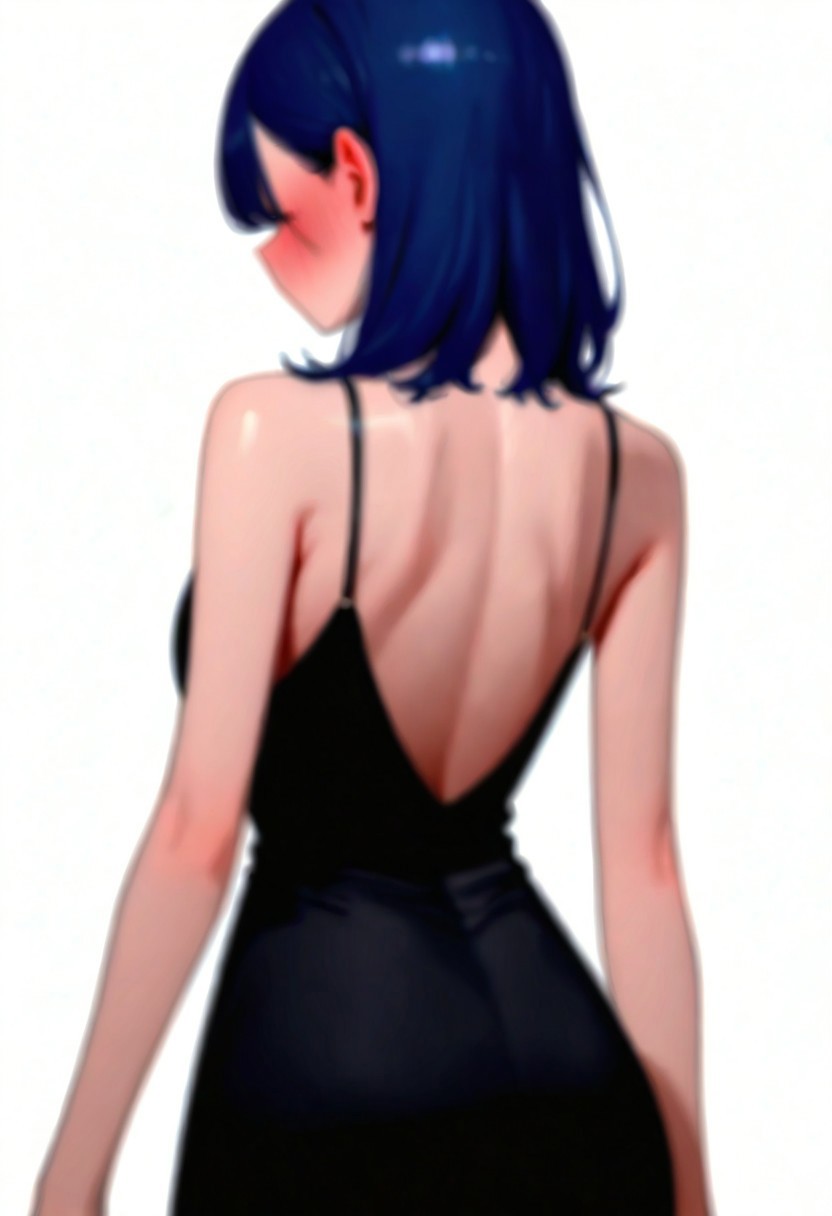 masterpiece, best quality, 32k, high resolution, absurdres, little black dress, facing away, blush, median furrow, medium hair, depth of field, arm behind back, arms at sides, sideboob, arm at side, blue hair