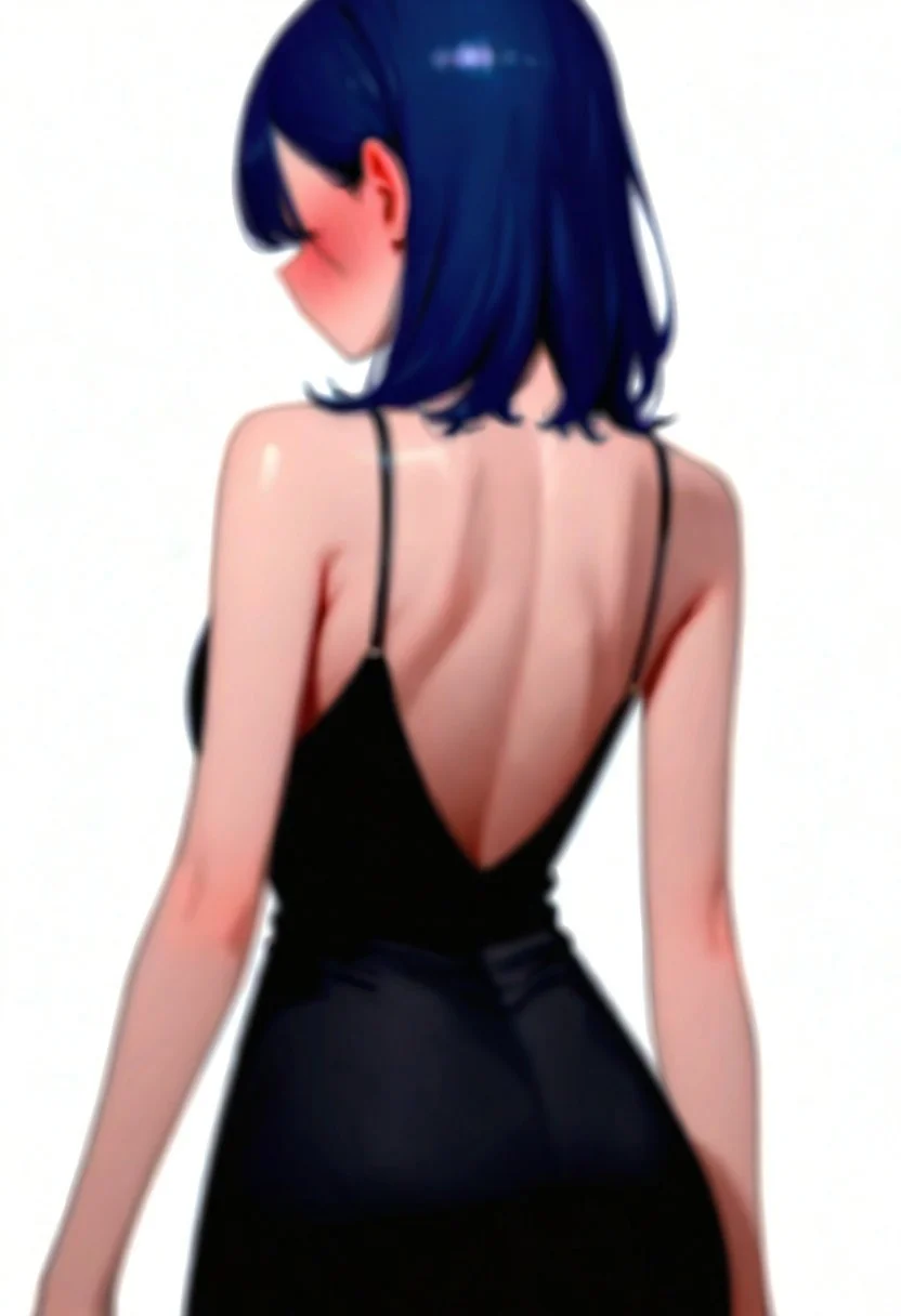 masterpiece, best quality, 32k, high resolution, absurdres, little black dress, facing away, blush, median furrow, medium hair, depth of field, arm behind back, arms at sides, sideboob, arm at side, blue hair