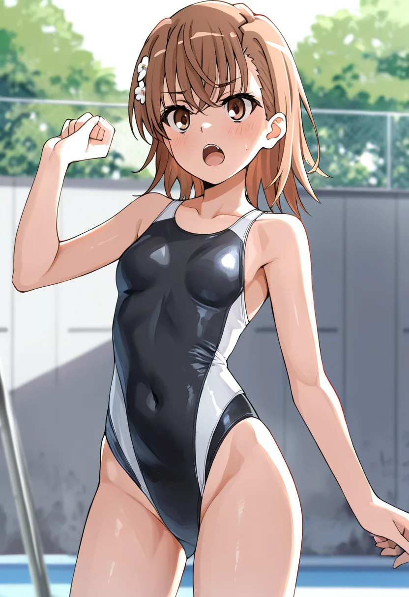 masterpiece, best quality, good quality, very awa, newest, highres, absurdres,outdoors,MisakaMikoto-ACertainScientificRailgun,
Misaka Mikoto \(A Certain Scientific Railgun\), 1girl, solo, short hair, open mouth, brown hair, brown eyes, swimsuit, small breasts, one-piece swimsuit, covered navel, competition swimsuit, black one-piece swimsuit, multicolored swimsuit
, <lora:Misaka Mikoto (A Certain Scientific Railgun) Illustrious v1:0.8>