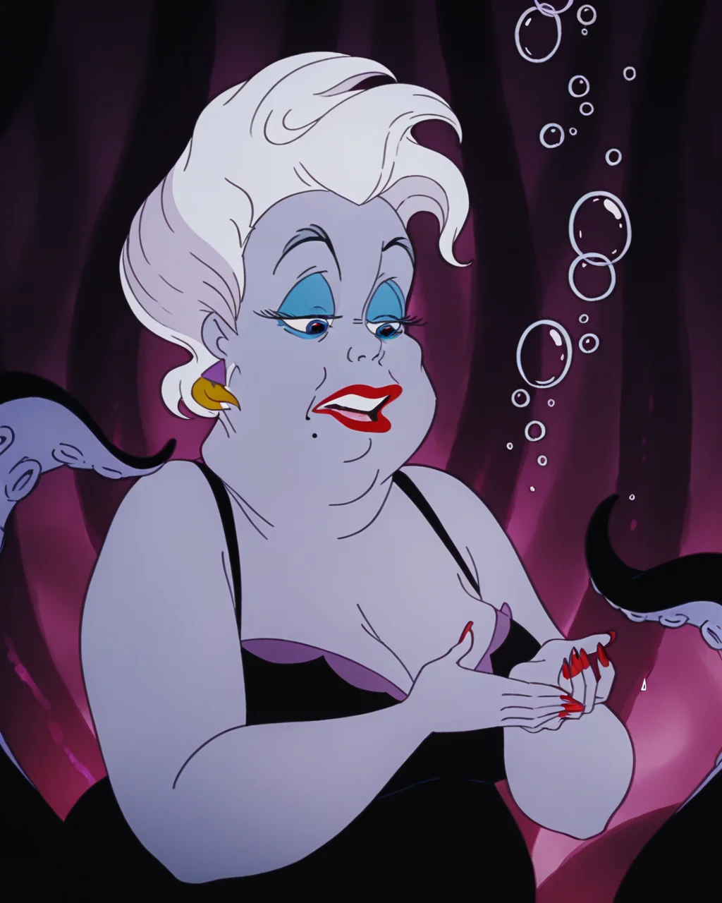 masterpiece, best quality, amazing quality, absurdres, DisneyRenstyle, Ursula, TLM, 1girl, fat woman, makeup, bubble, white hair, mole under mouth, lipstick, red nails, tentacles<lora:Disney_Renaissance_IllustriousV1:1>