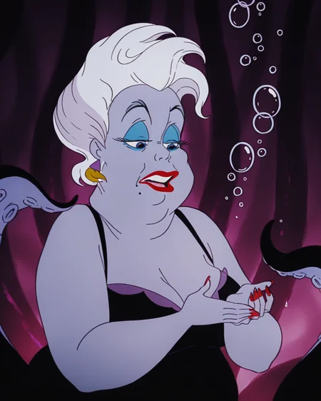masterpiece, best quality, amazing quality, absurdres, DisneyRenstyle, Ursula, TLM, 1girl, fat woman, makeup, bubble, white hair, mole under mouth, lipstick, red nails, tentacles<lora:Disney_Renaissance_IllustriousV1:1>