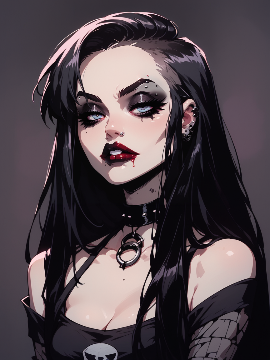 score_9, score_8_up, score_7_up, score_6_up, 1girl, long hair,  <lora:g4n1m3XLP:1> g4n1m3, goth, red lipstick,